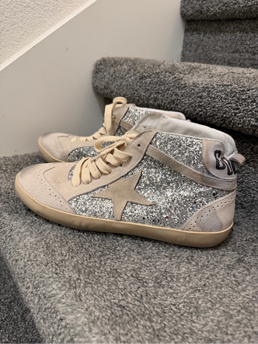 Golden Goose Super-Star made in Italy Beige & Silver Glitter High-Top Sneakers